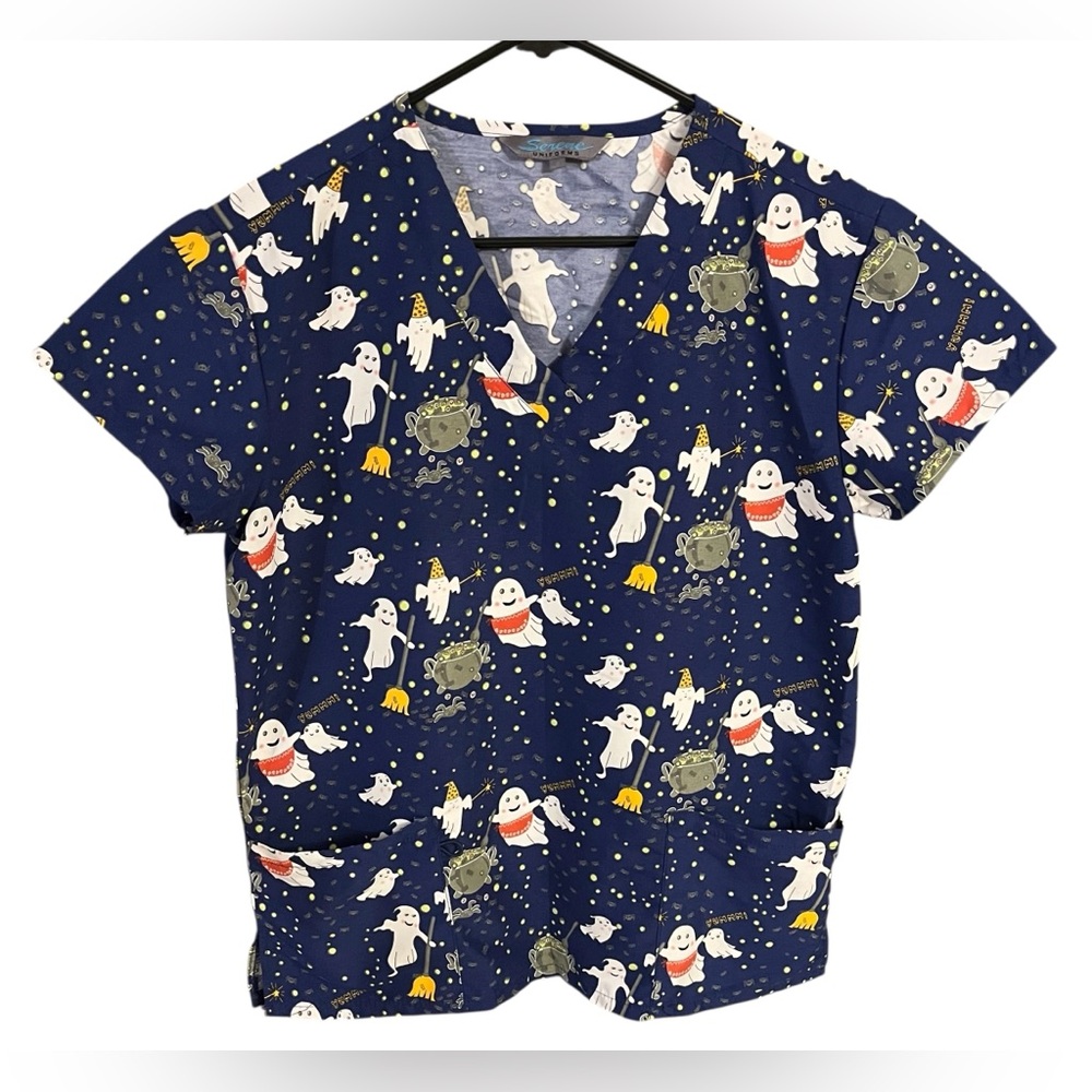 Women's Serene Uniform Scrub Top Blue Halloween-Fall Print - Picture 4 of 11